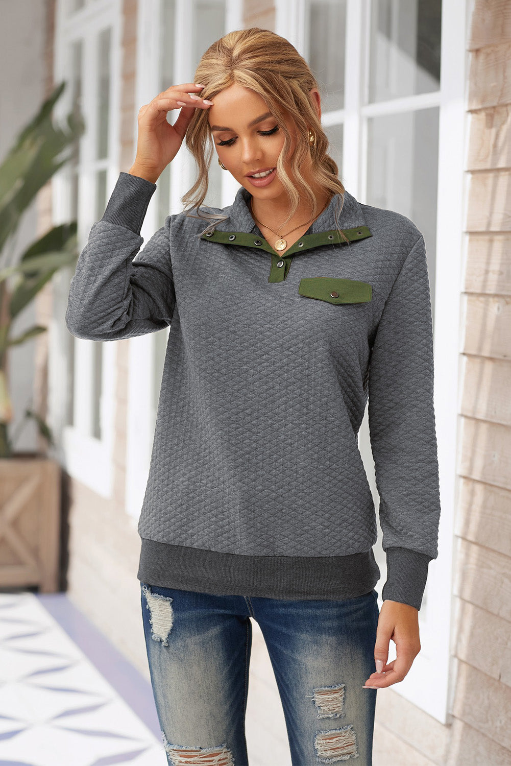 Collared Neck Long Sleeve Top - Women’s Clothing & Accessories - Shirts & Tops - 4 - 2024