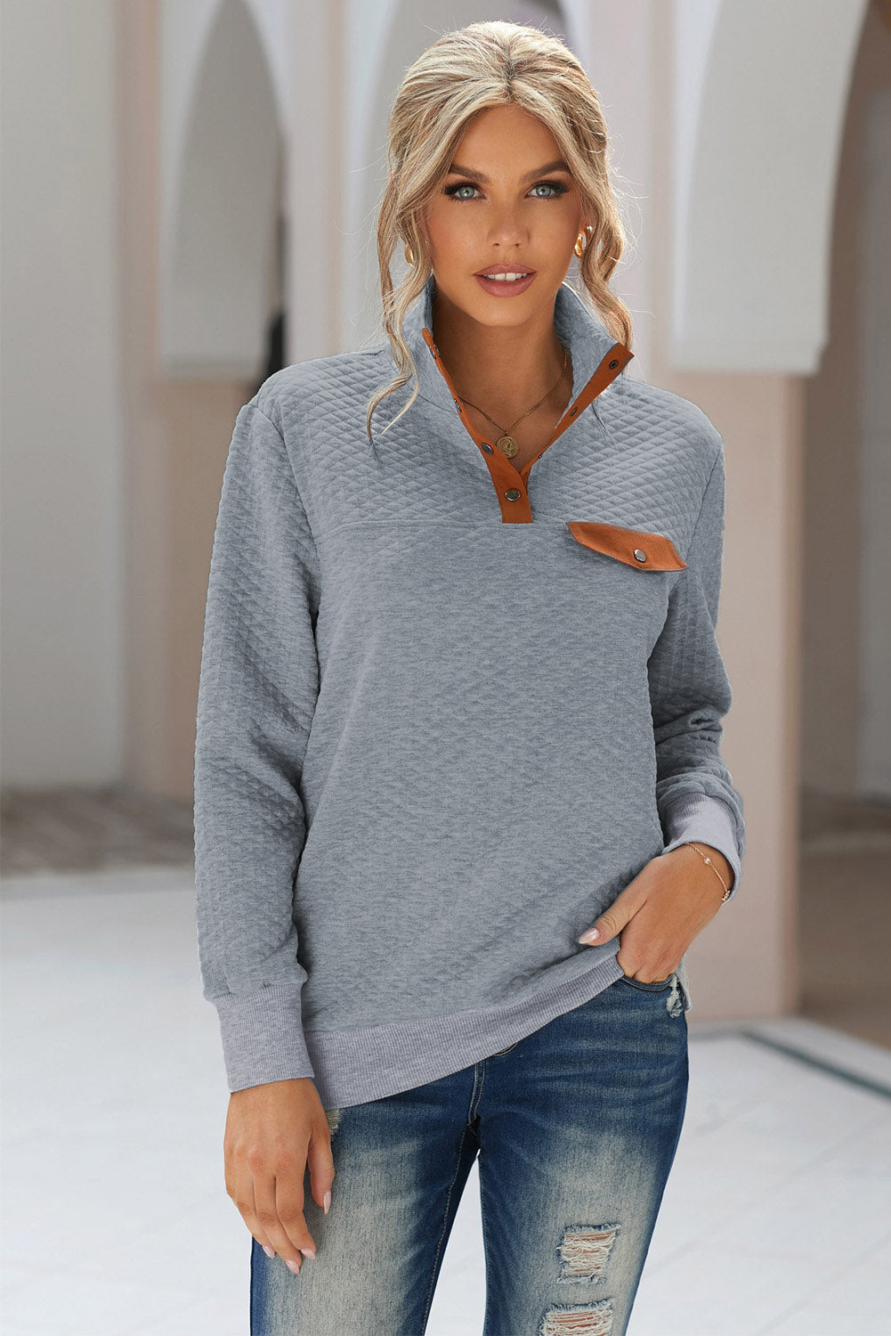 Collared Neck Long Sleeve Top - Gray / S - Women’s Clothing & Accessories - Shirts & Tops - 5 - 2024