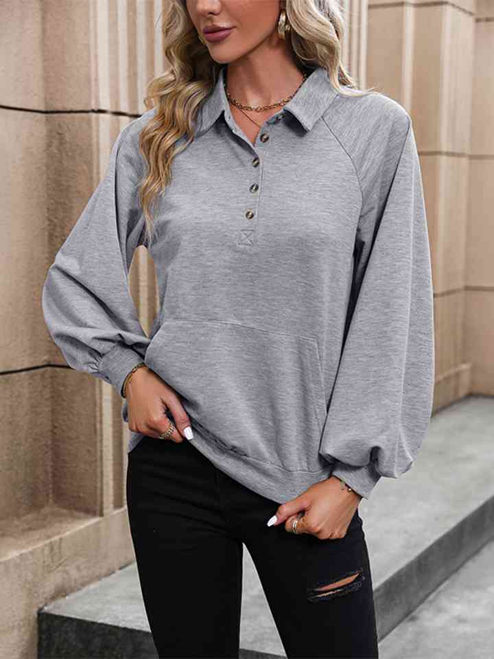 Collared Neck Raglan Sleeve Blouse - Gray / S - Women’s Clothing & Accessories - Shirts & Tops - 1 - 2024
