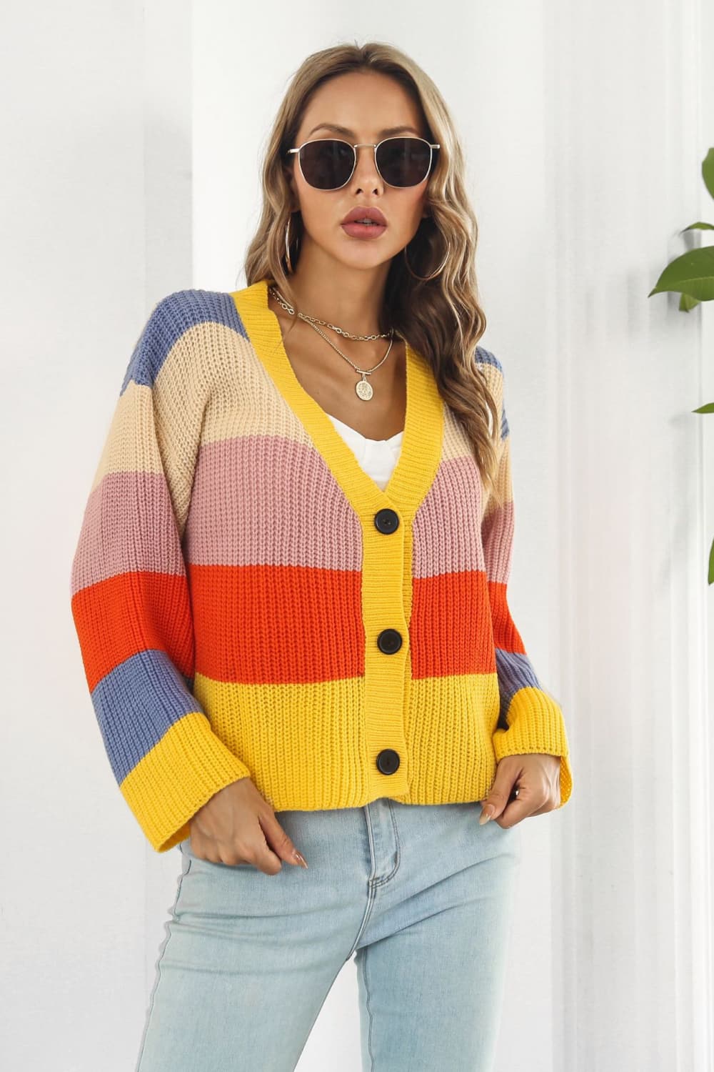 Color Block Button-Down Dropped Shoulder Cardigan - Women’s Clothing & Accessories - Shirts & Tops - 3 - 2024