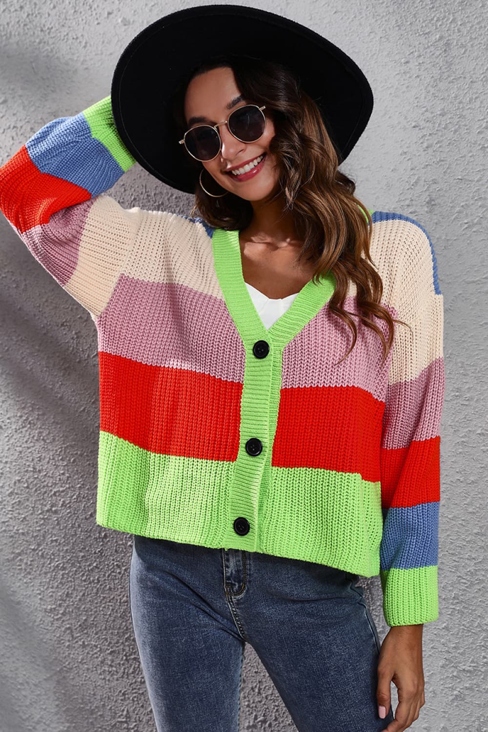 Color Block Button-Down Dropped Shoulder Cardigan - Green / S - Women’s Clothing & Accessories - Shirts & Tops - 4