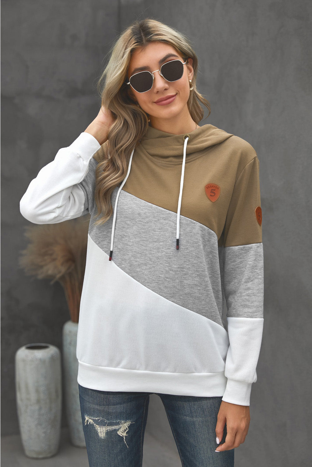 Color Block Cowl Neck Hoodie - Brown / S - Women’s Clothing & Accessories - Shirts & Tops - 2 - 2024