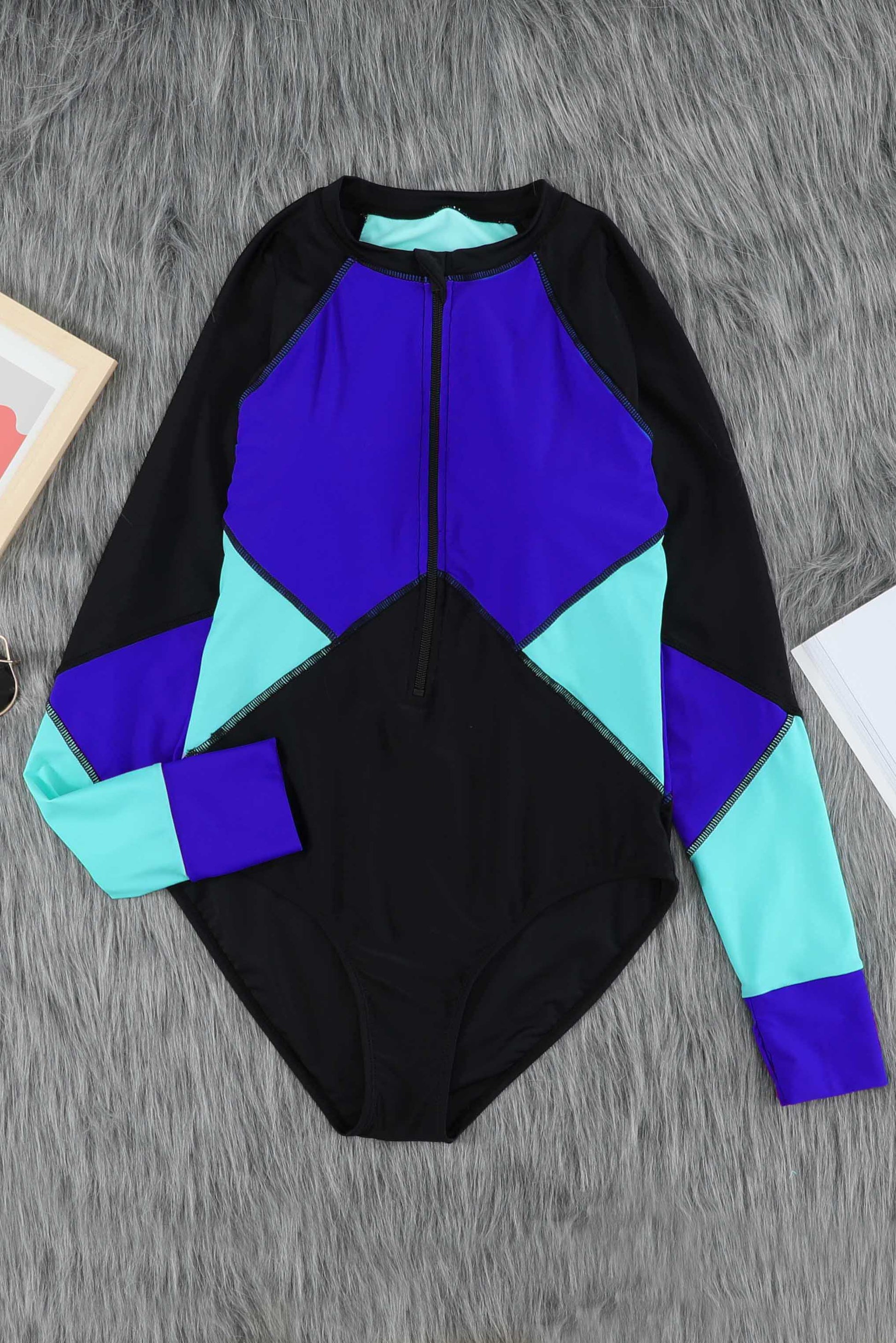 Color Block Half Zip Long Sleeve One-Piece Swimsuit - Blue / S - Women’s Clothing & Accessories - Swimwear - 6 - 2024