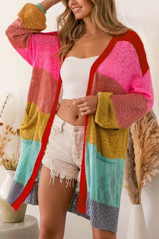 Color Block Open Front Cardigan with Pockets - Multicolored / S - Women’s Clothing & Accessories - Shirts & Tops - 1