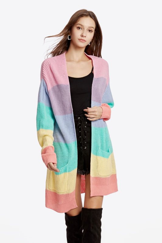 Color Block Open Front Drop Shoulder Cardigan with Pockets - Multicolored / S - Women’s Clothing & Accessories