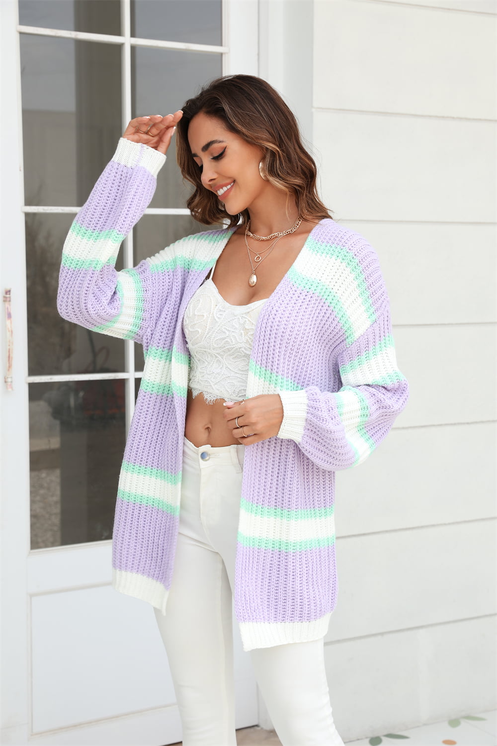 Color Block Ribbed Dropped Shoulder Open Front Cardigan - Women’s Clothing & Accessories - Shirts & Tops - 6 - 2024