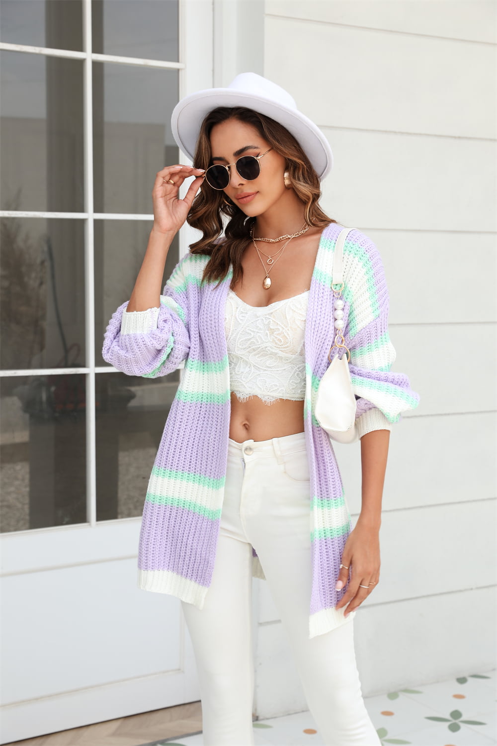 Color Block Ribbed Dropped Shoulder Open Front Cardigan - Purple / S - Women’s Clothing & Accessories - Shirts & Tops