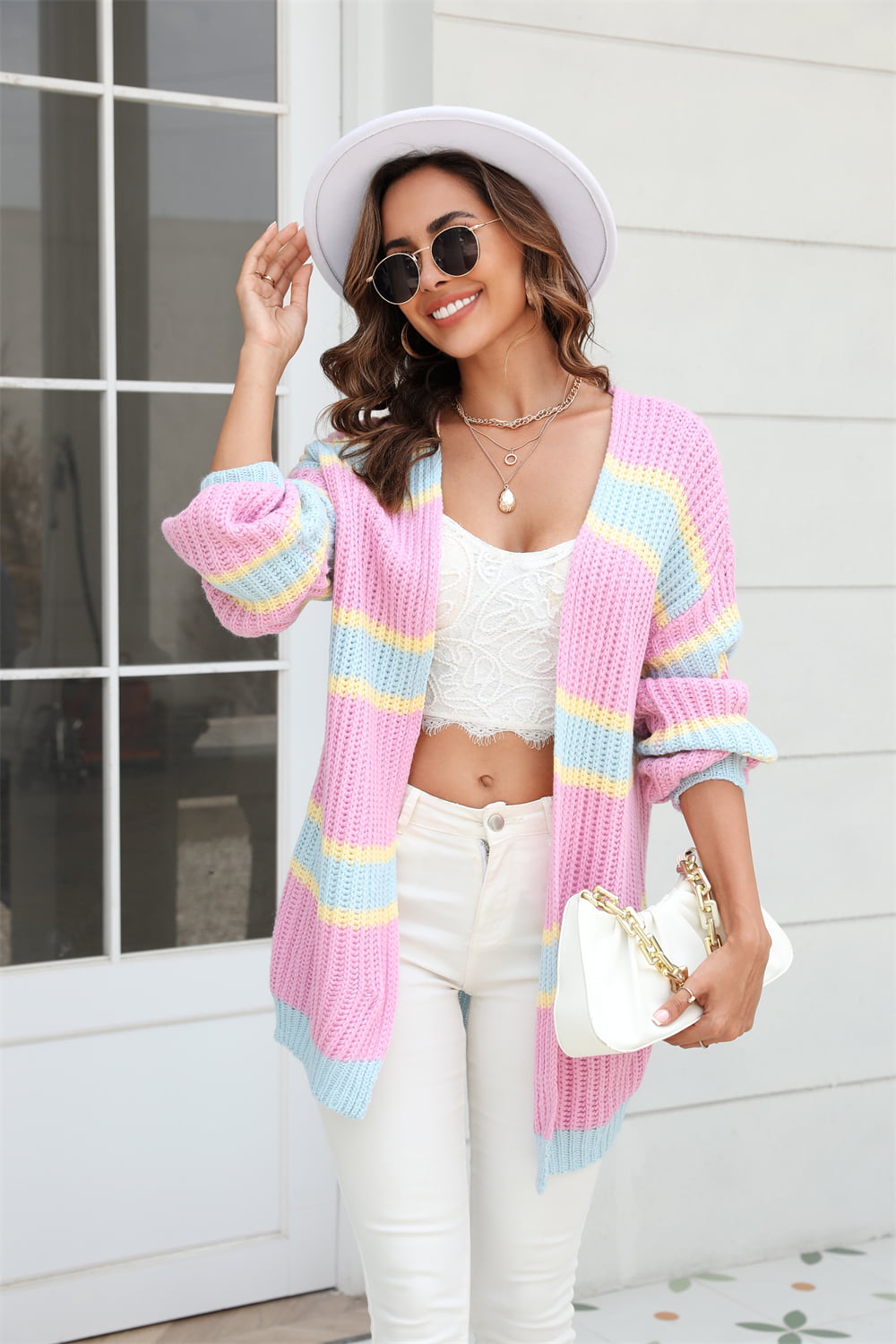 Color Block Ribbed Dropped Shoulder Open Front Cardigan - Pink / S - Women’s Clothing & Accessories - Shirts & Tops