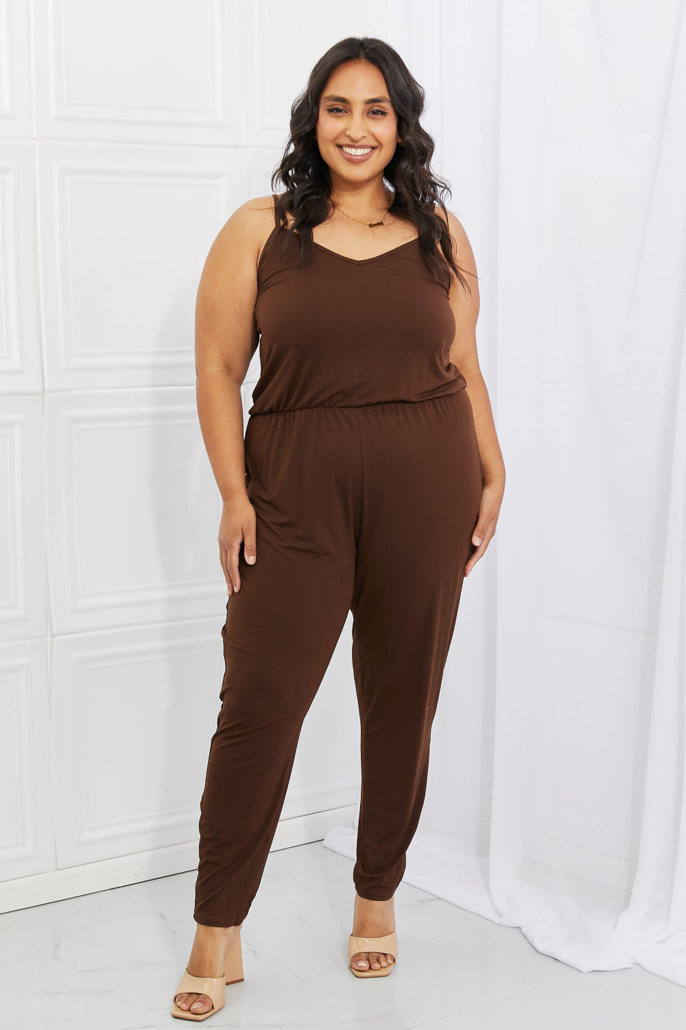 Comfy Casual Full Size Solid Elastic Waistband Jumpsuit in Chocolate - Women’s Clothing & Accessories - Jumpsuits &