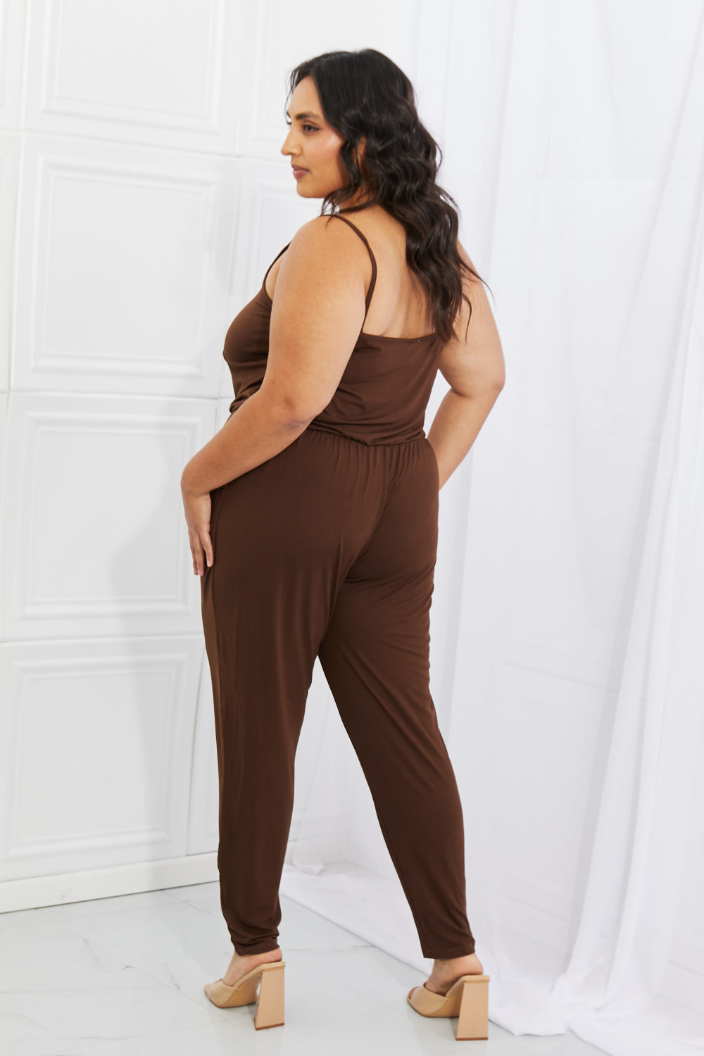 Comfy Casual Full Size Solid Elastic Waistband Jumpsuit in Chocolate - Women’s Clothing & Accessories - Jumpsuits &