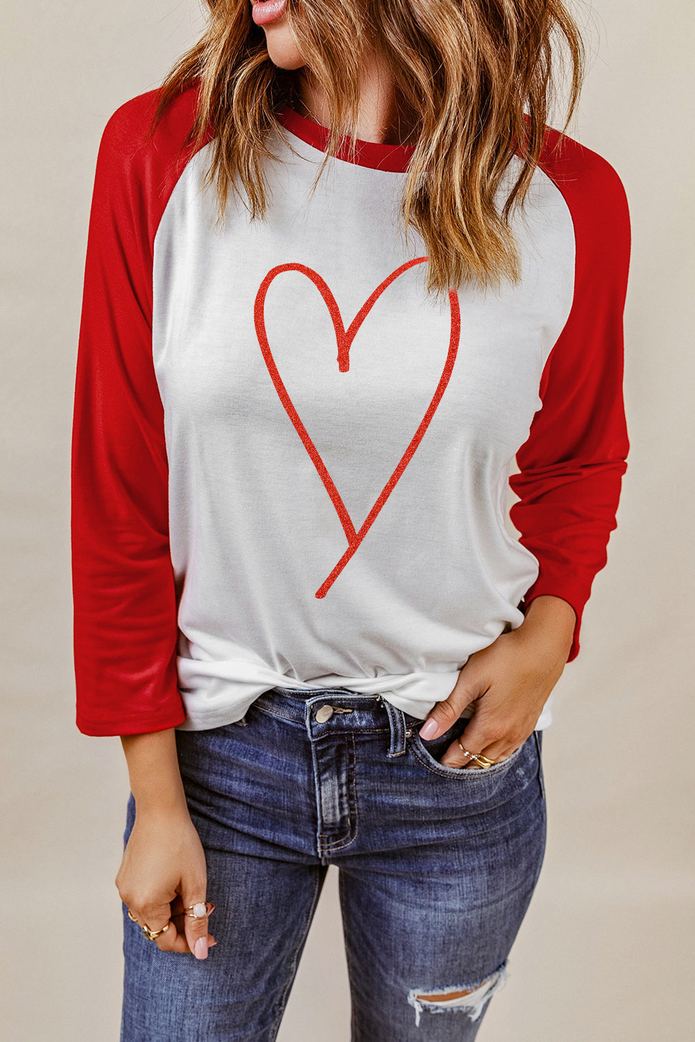 Contrast Baseball Sleeve Heart Graphic Top - Women’s Clothing & Accessories - Shirts & Tops - 3 - 2024