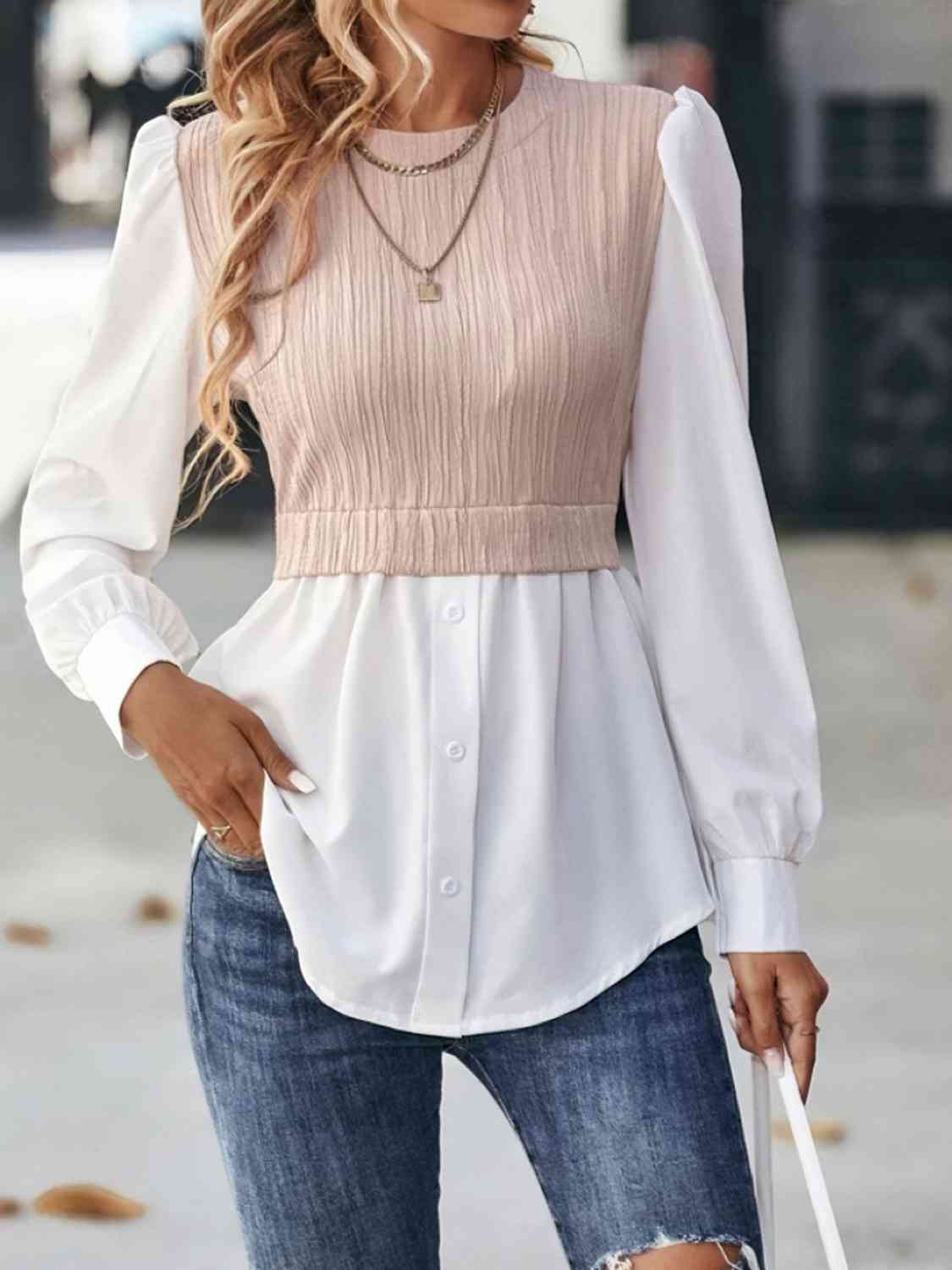 Contrast Round Neck Puff Sleeve Blouse - Women’s Clothing & Accessories - Shirts & Tops - 3 - 2024