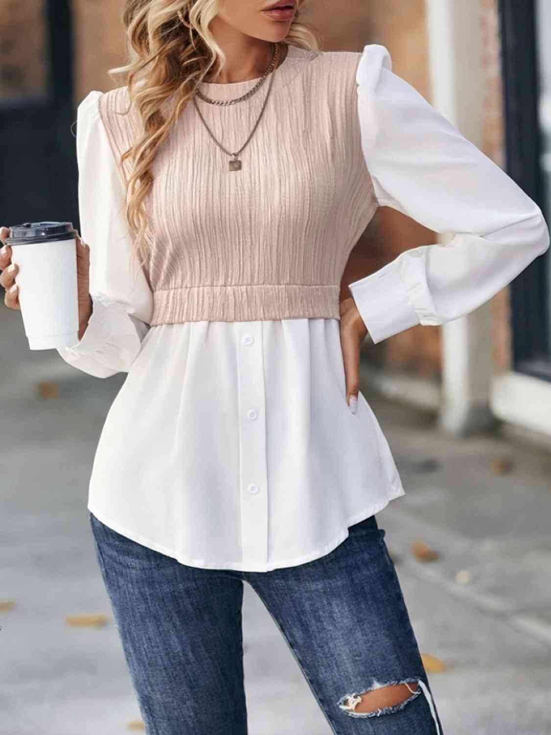Contrast Round Neck Puff Sleeve Blouse - Pink / S - Women’s Clothing & Accessories - Shirts & Tops - 1 - 2024
