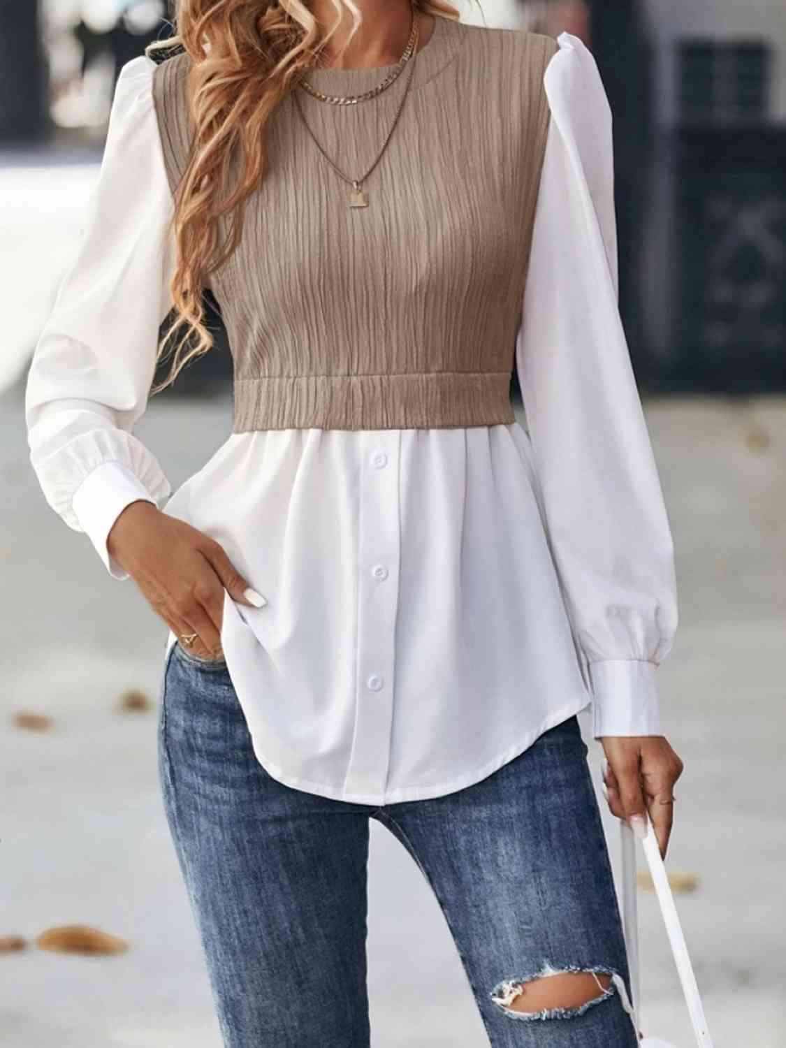 Contrast Round Neck Puff Sleeve Blouse - Brown / S - Women’s Clothing & Accessories - Shirts & Tops - 7 - 2024