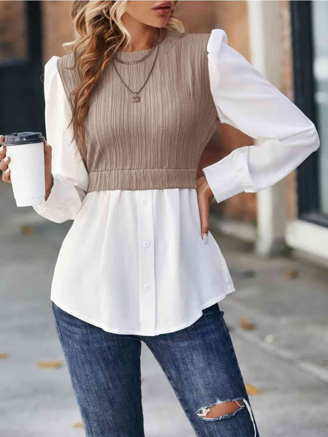 Contrast Round Neck Puff Sleeve Blouse - Women’s Clothing & Accessories - Shirts & Tops - 9 - 2024