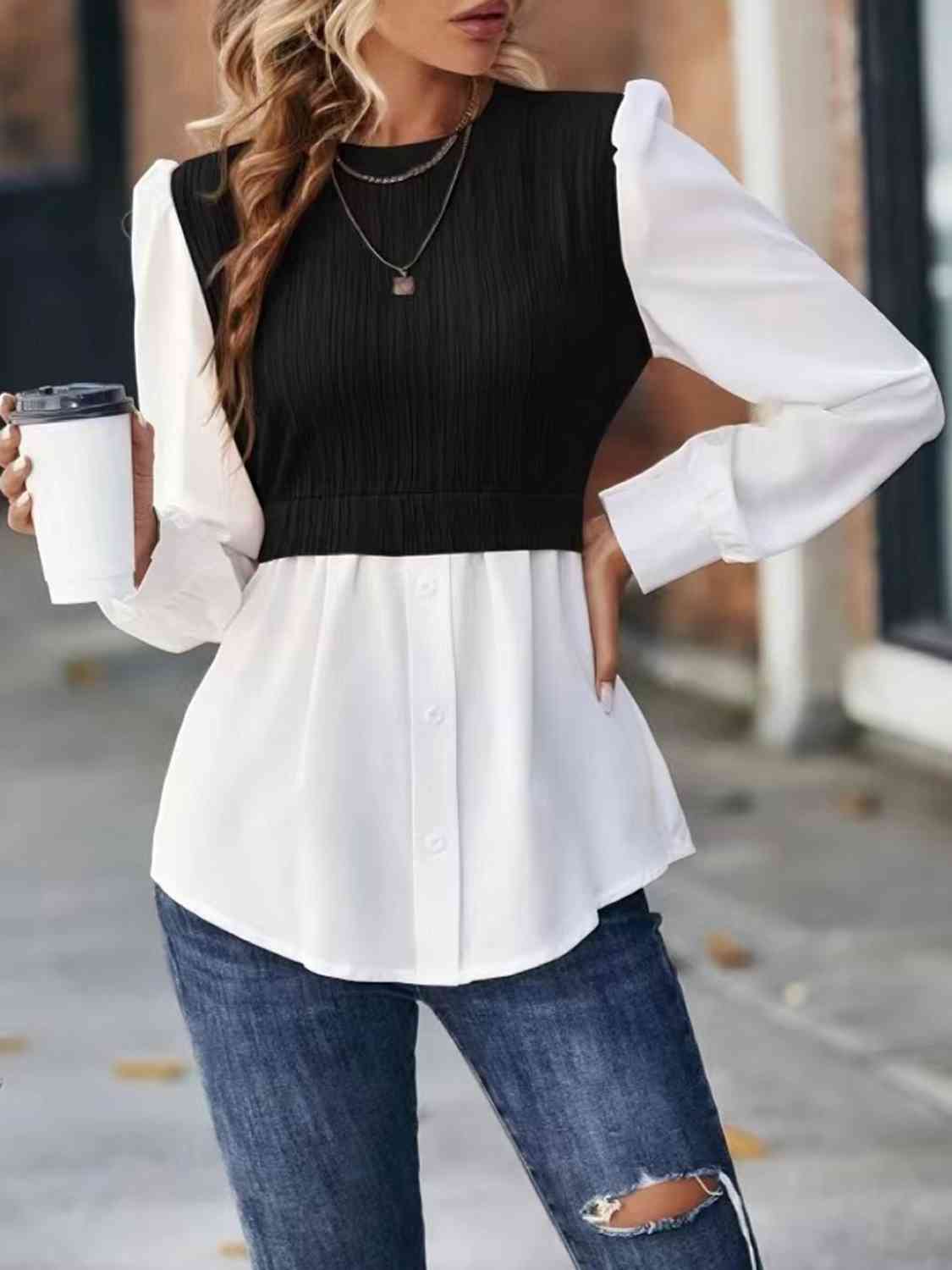 Contrast Round Neck Puff Sleeve Blouse - Women’s Clothing & Accessories - Shirts & Tops - 6 - 2024