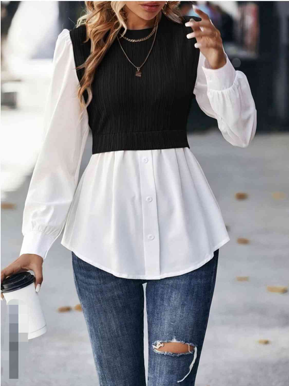 Contrast Round Neck Puff Sleeve Blouse - Women’s Clothing & Accessories - Shirts & Tops - 5 - 2024