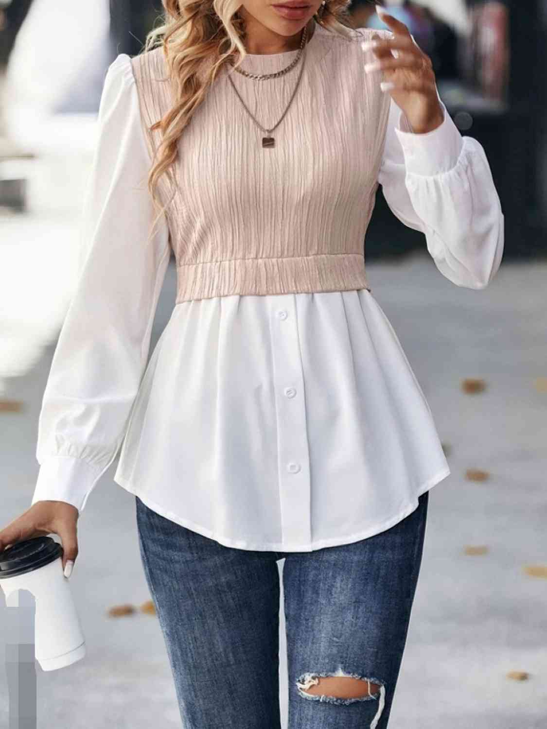 Contrast Round Neck Puff Sleeve Blouse - Women’s Clothing & Accessories - Shirts & Tops - 2 - 2024