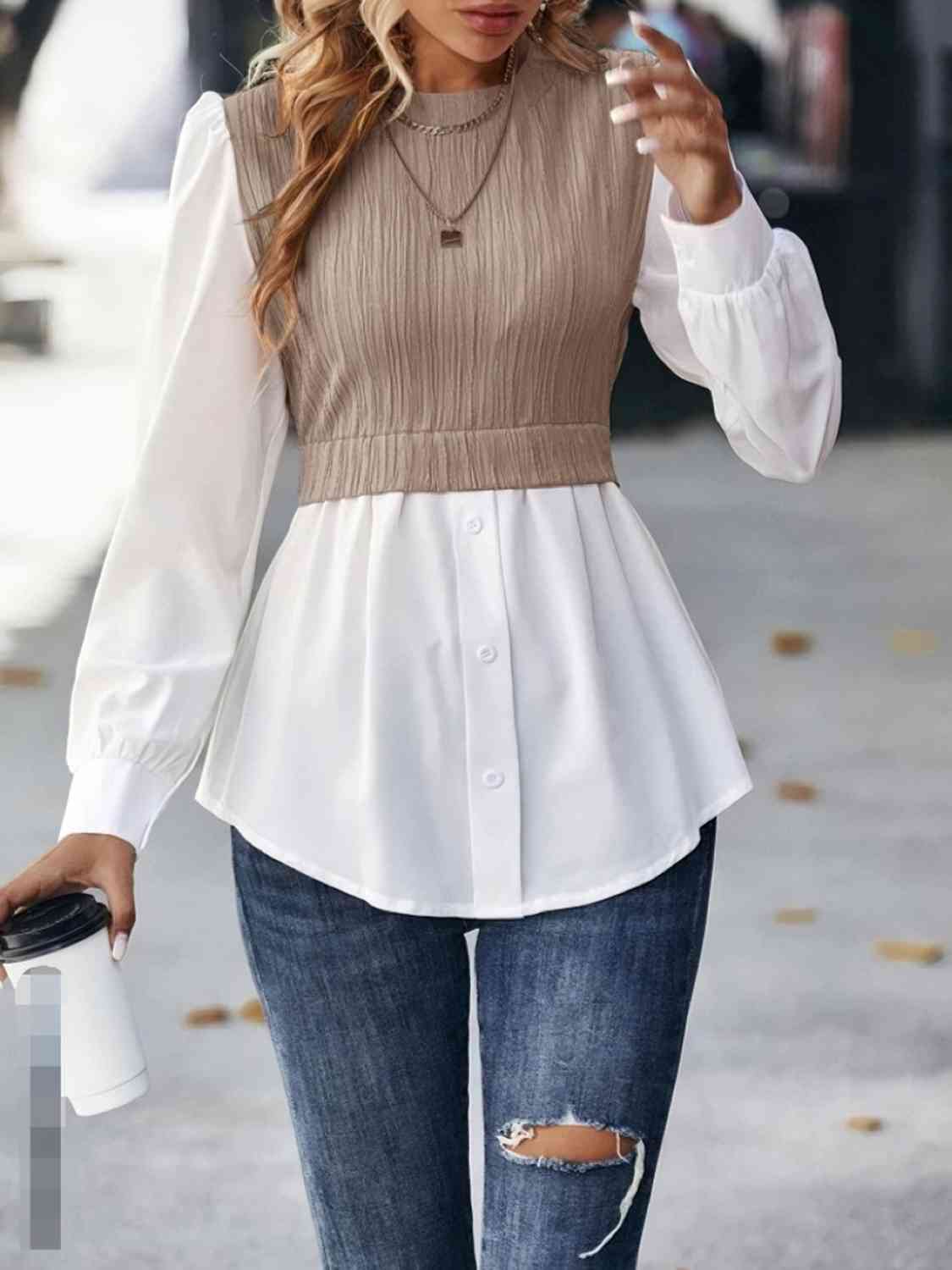 Contrast Round Neck Puff Sleeve Blouse - Women’s Clothing & Accessories - Shirts & Tops - 8 - 2024