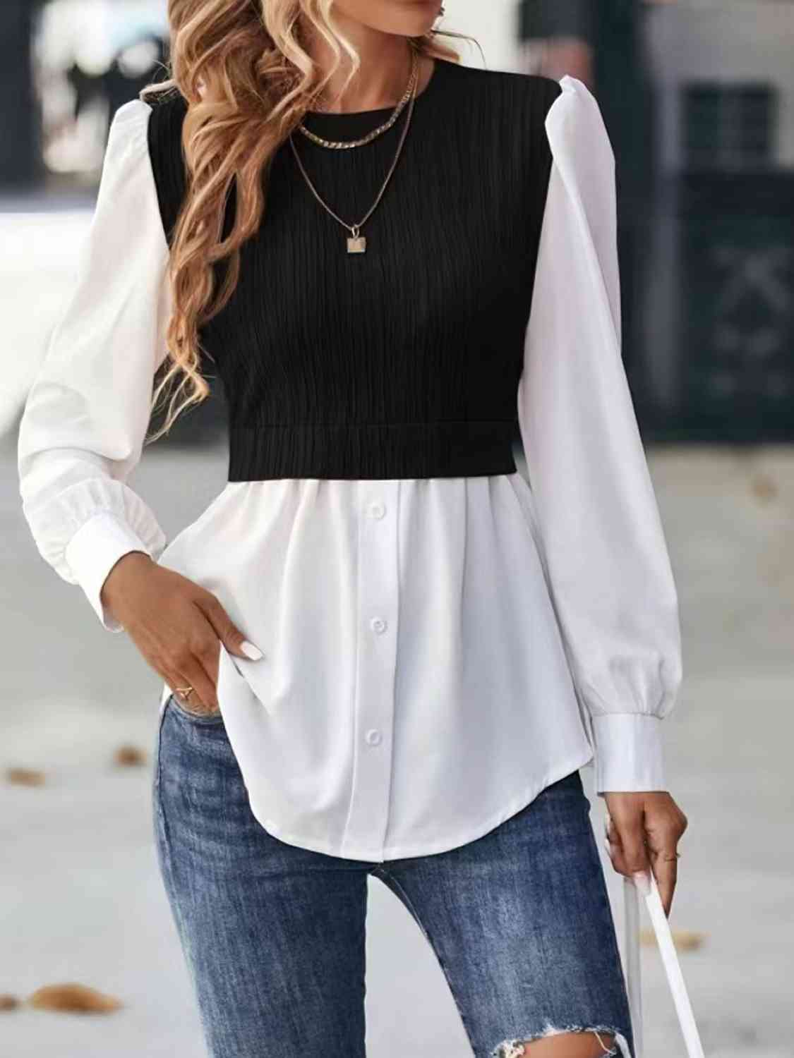 Contrast Round Neck Puff Sleeve Blouse - Black / S - Women’s Clothing & Accessories - Shirts & Tops - 4 - 2024