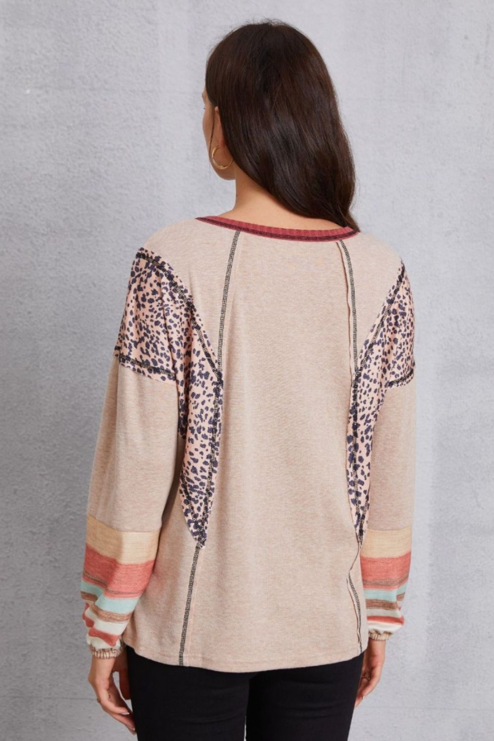 Contrast Stitching Leopard Long Sleeve Blouse - Women’s Clothing & Accessories - Shirts & Tops - 2 - 2024