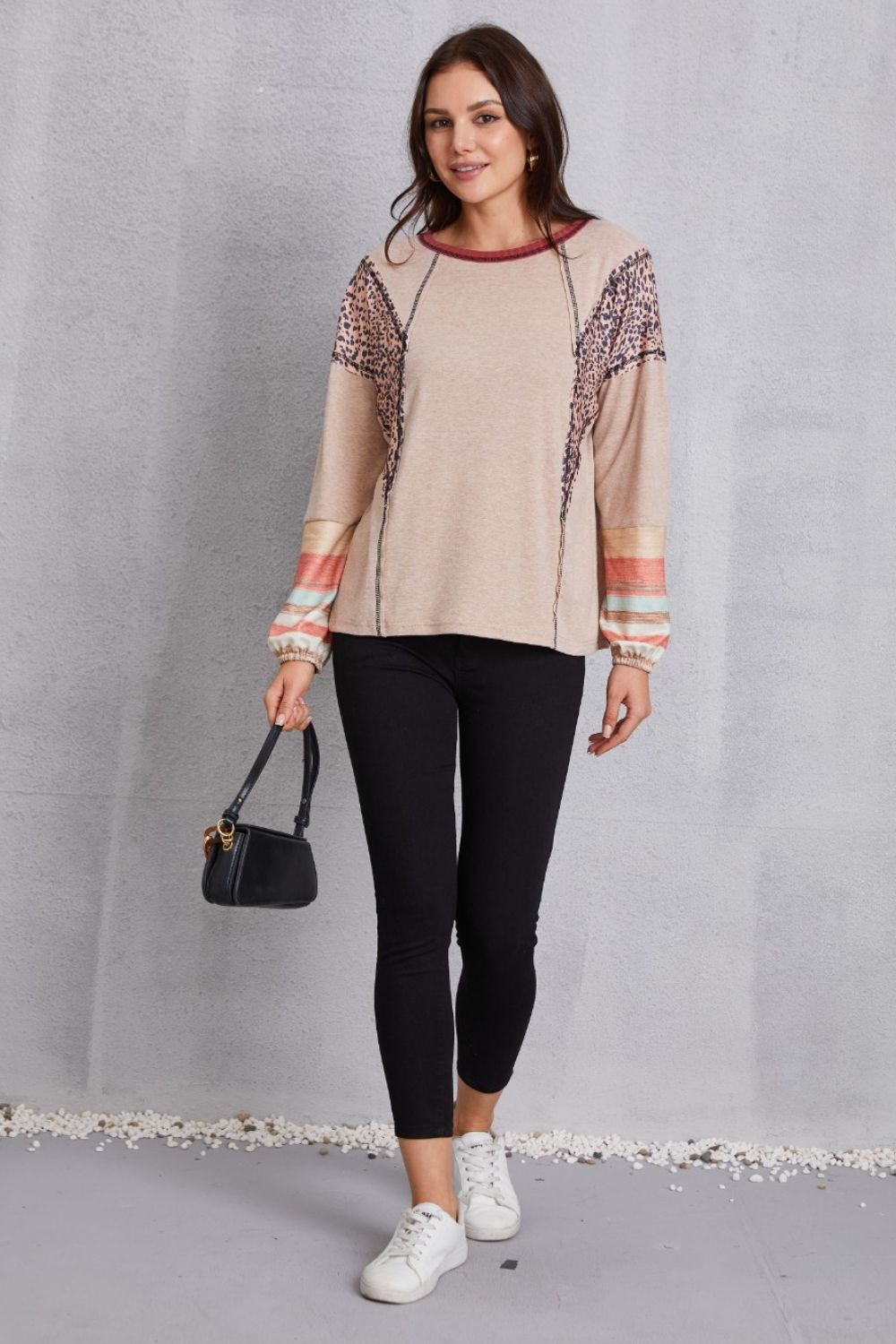 Contrast Stitching Leopard Long Sleeve Blouse - Women’s Clothing & Accessories - Shirts & Tops - 5 - 2024