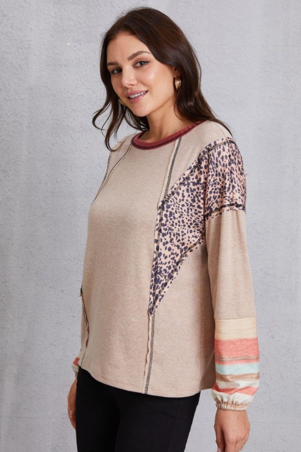Contrast Stitching Leopard Long Sleeve Blouse - Women’s Clothing & Accessories - Shirts & Tops - 4 - 2024