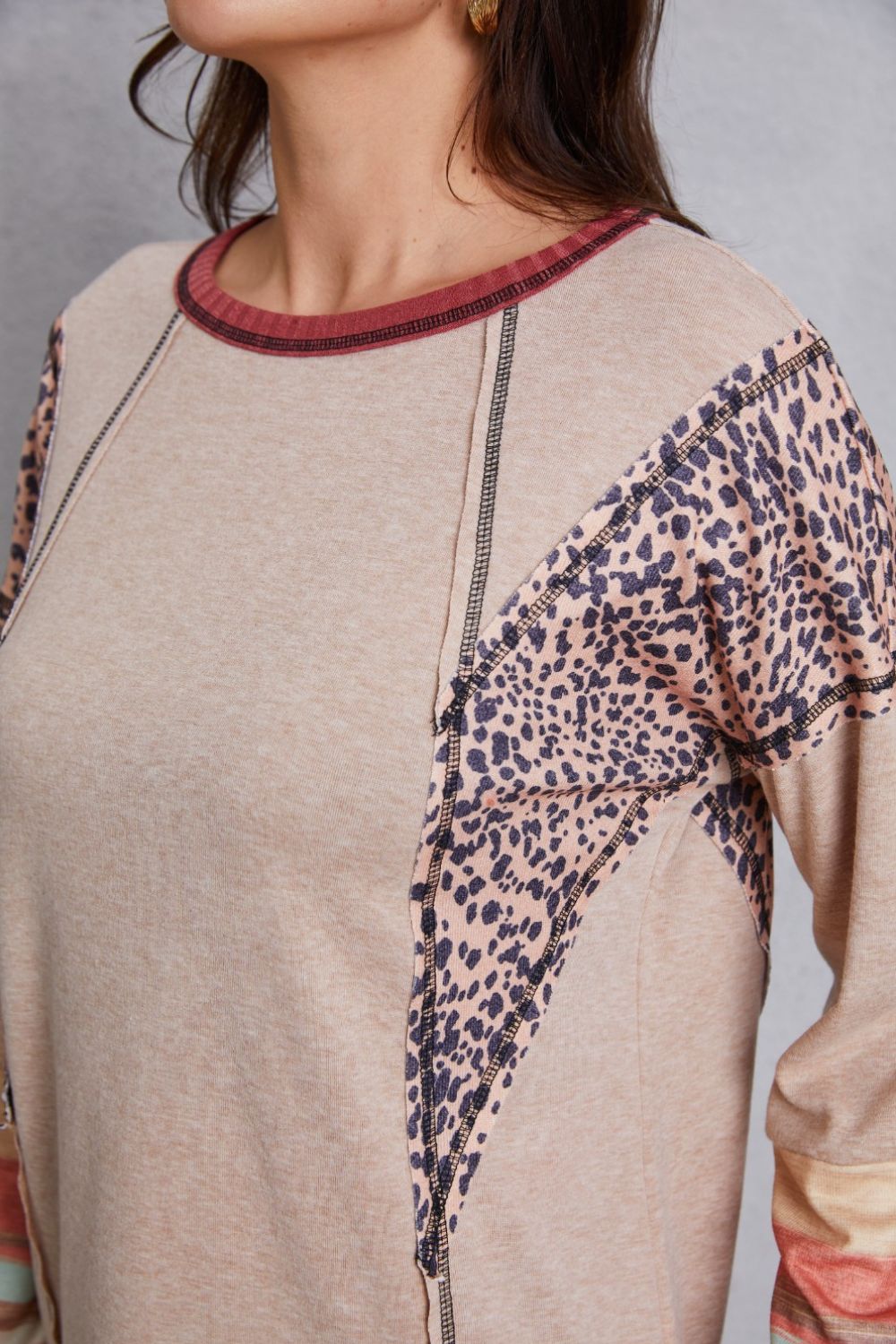 Contrast Stitching Leopard Long Sleeve Blouse - Women’s Clothing & Accessories - Shirts & Tops - 6 - 2024