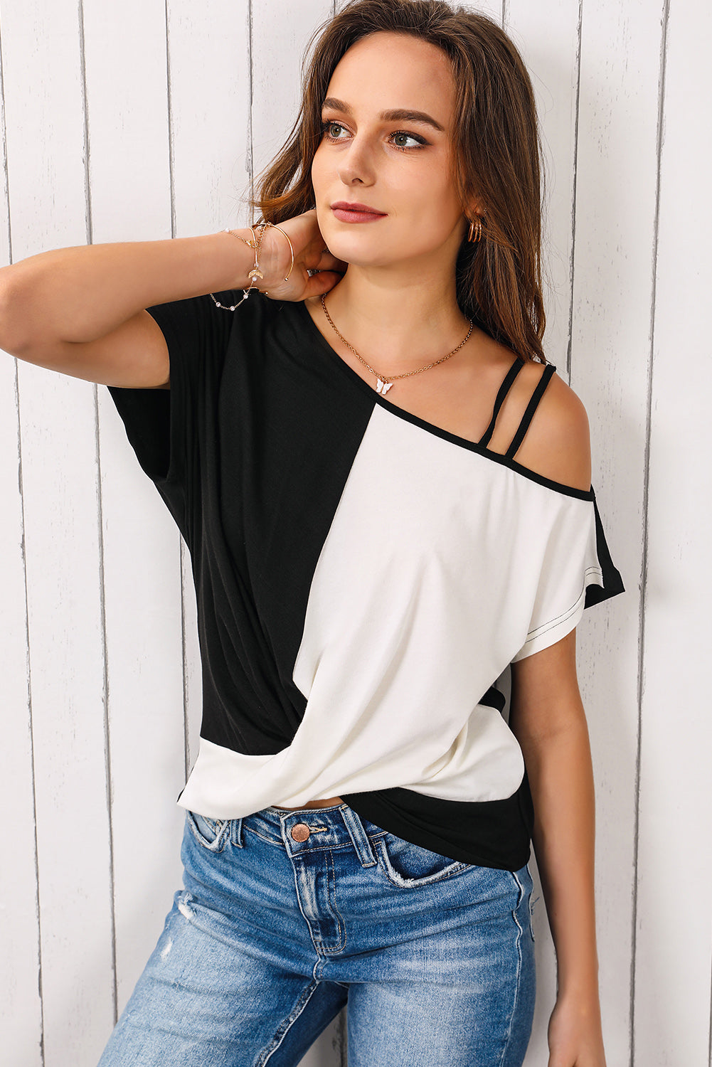 Contrast Twisted Asymmetrical Neck Top - Black / S - Women’s Clothing & Accessories - Shirts & Tops - 1 - 2024