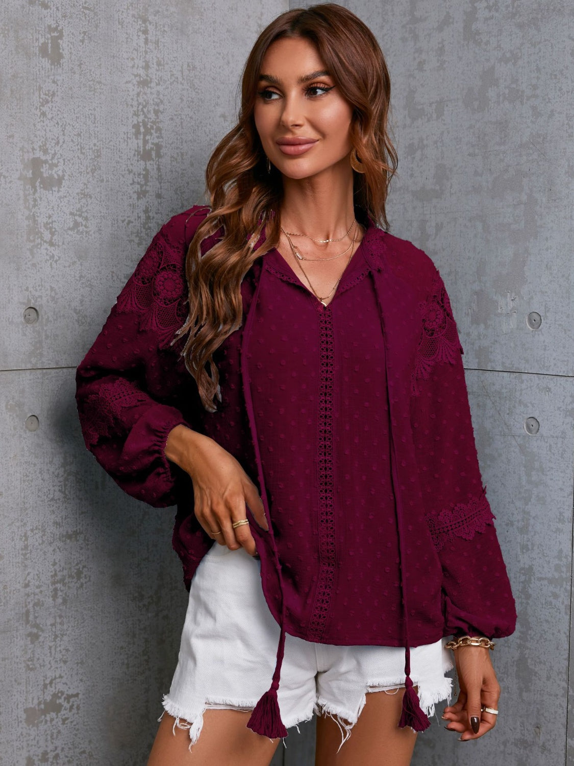 Crochet Tassel Tie Neck Long Sleeve Blouse - Women’s Clothing & Accessories - Shirts & Tops - 3 - 2024