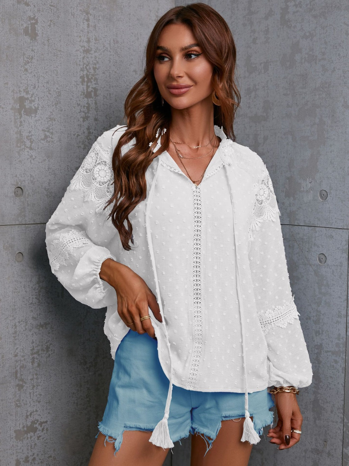 Crochet Tassel Tie Neck Long Sleeve Blouse - White / S - Women’s Clothing & Accessories - Shirts & Tops - 4 - 2024