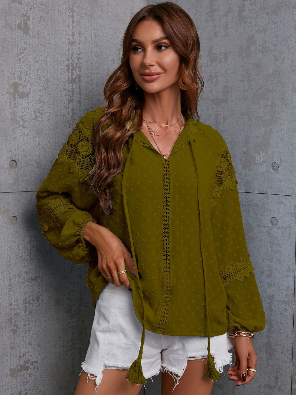 Crochet Tassel Tie Neck Long Sleeve Blouse - Moss / S - Women’s Clothing & Accessories - Shirts & Tops - 7 - 2024