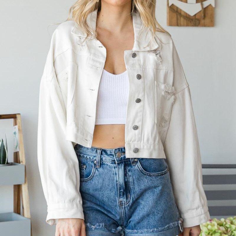 Cropped Collared Neck Dropped Shoulder Denim Jacket - White / S - Women’s Clothing & Accessories - Coats & Jackets