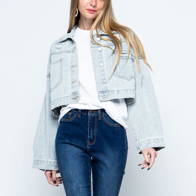 Cropped Collared Neck Dropped Shoulder Denim Jacket - Light / S - Women’s Clothing & Accessories - Coats & Jackets