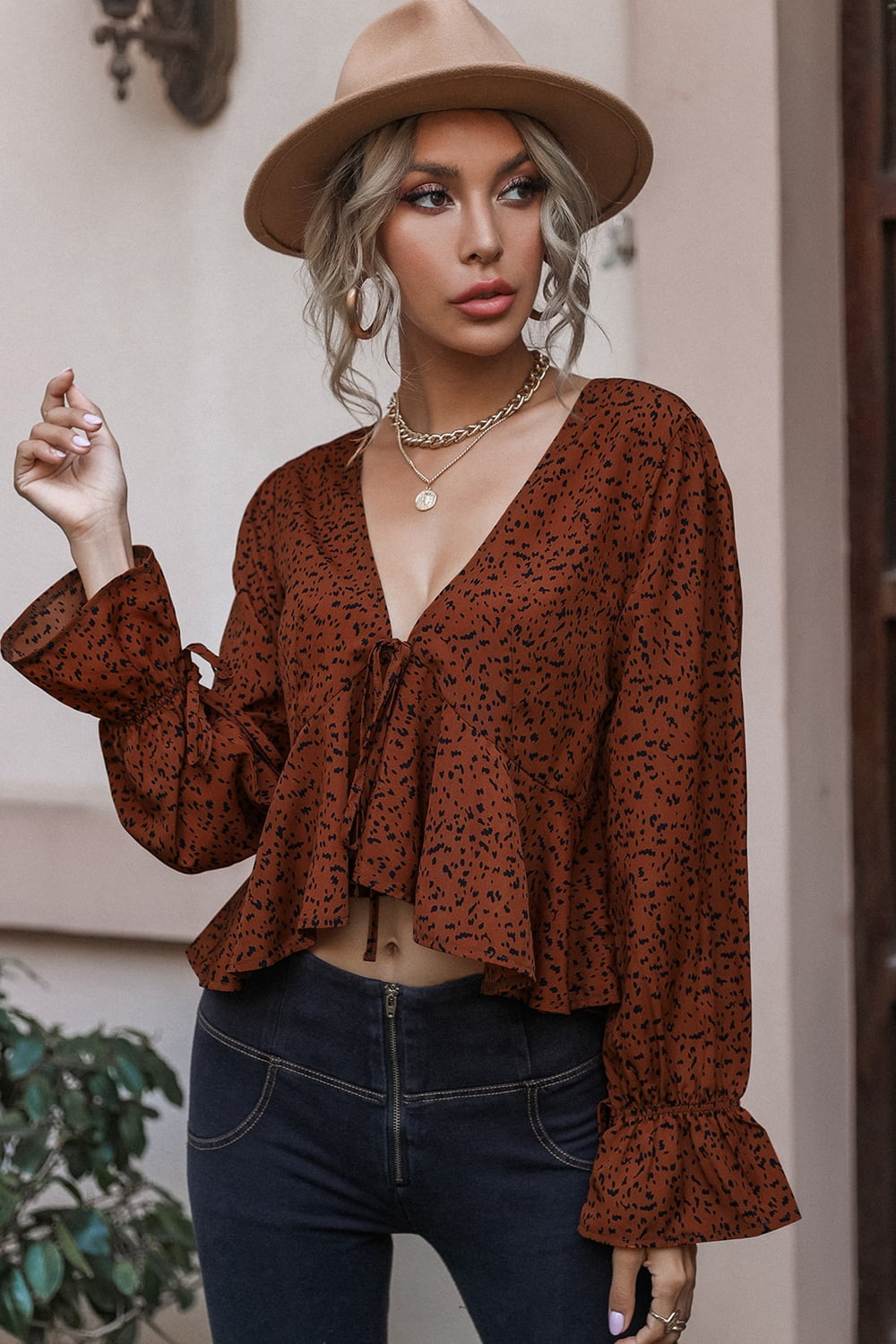 Cropped V-Neck Long Sleeve Blouse - Women’s Clothing & Accessories - Shirts & Tops - 7 - 2024