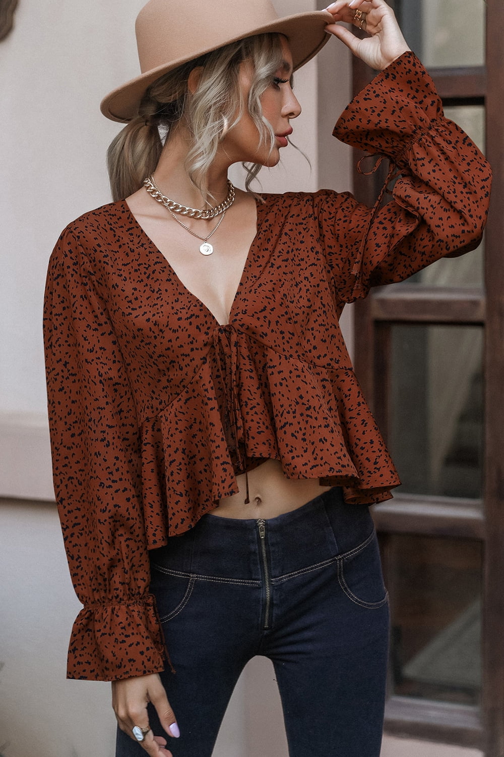 Cropped V-Neck Long Sleeve Blouse - Women’s Clothing & Accessories - Shirts & Tops - 8 - 2024