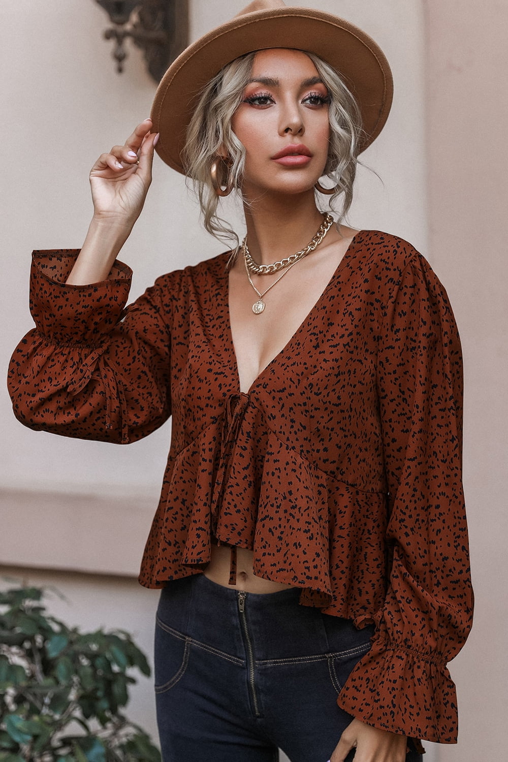 Cropped V-Neck Long Sleeve Blouse - Women’s Clothing & Accessories - Shirts & Tops - 9 - 2024