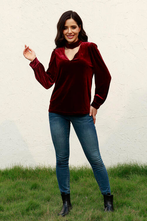 Cutout Puff Sleeve Velvet Blouse - Women’s Clothing & Accessories - Shirts & Tops - 4 - 2024