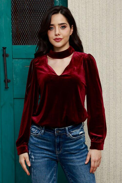 Cutout Puff Sleeve Velvet Blouse - Red / S - Women’s Clothing & Accessories - Shirts & Tops - 1 - 2024