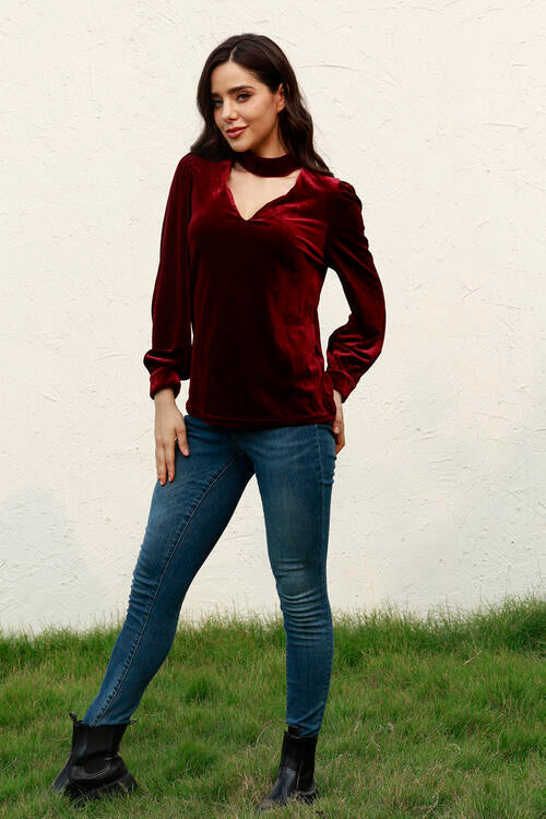 Cutout Puff Sleeve Velvet Blouse - Women’s Clothing & Accessories - Shirts & Tops - 5 - 2024