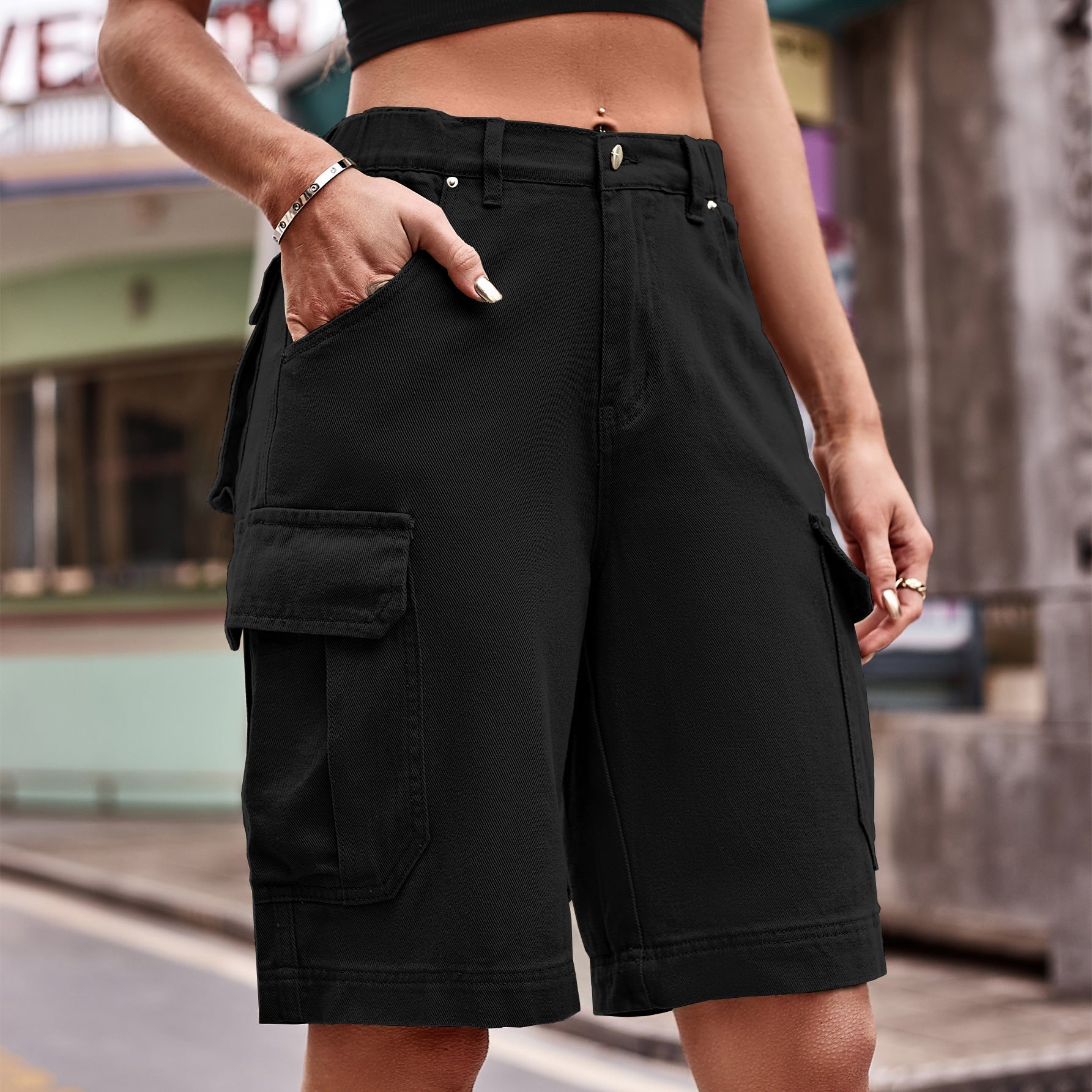 Denim Cargo Shorts with Pockets - Black / S - Women’s Clothing & Accessories - Shorts - 19 - 2024