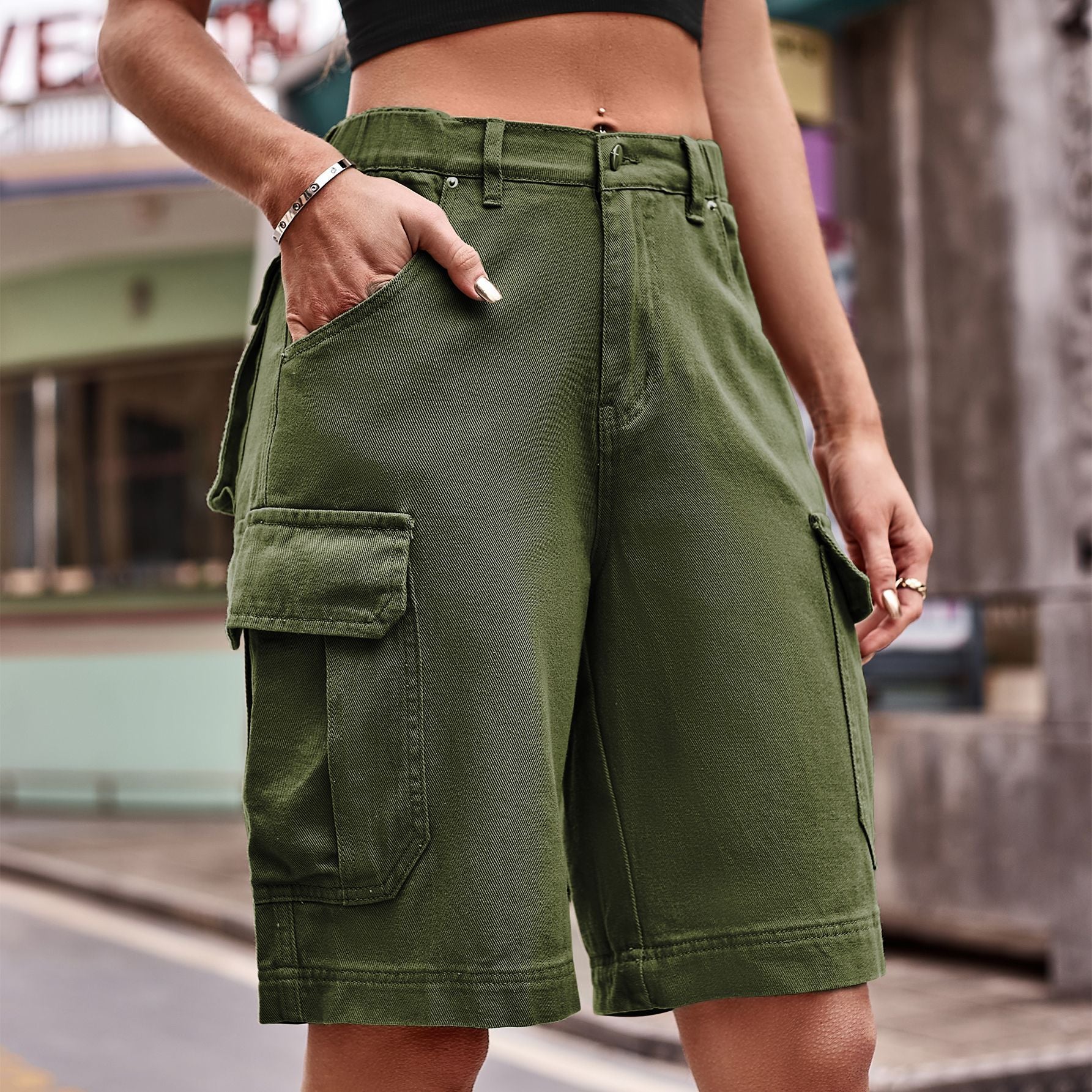 Denim Cargo Shorts with Pockets - Green / S - Women’s Clothing & Accessories - Shorts - 21 - 2024