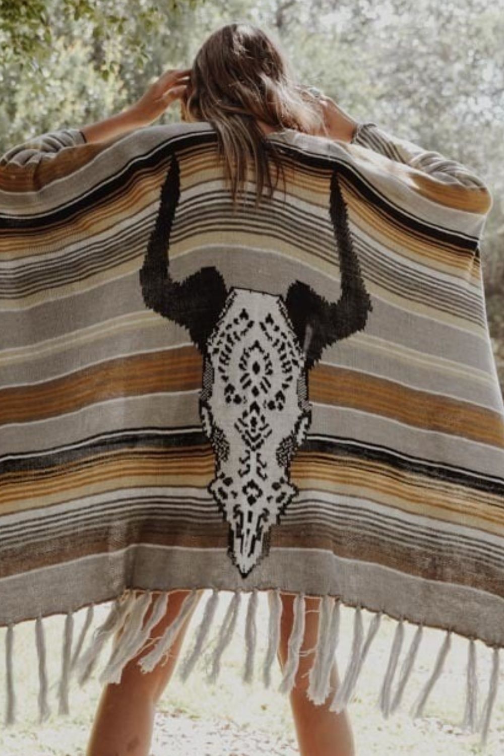 Desert Wanderer Cow Skull Striped Poncho - Multicolor / One Size - Women’s Clothing & Accessories - Clothing