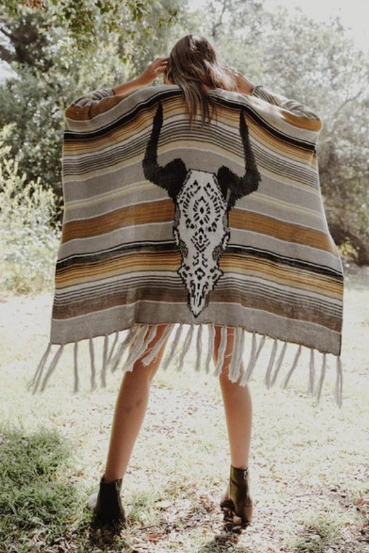 Desert Wanderer Cow Skull Striped Poncho - Multicolor / One Size - Women’s Clothing & Accessories - Clothing