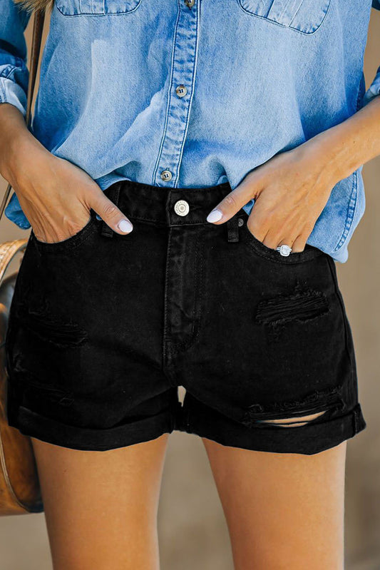 Distressed Cuffed Denim Shorts - Women’s Clothing & Accessories - Shorts - 1 - 2024