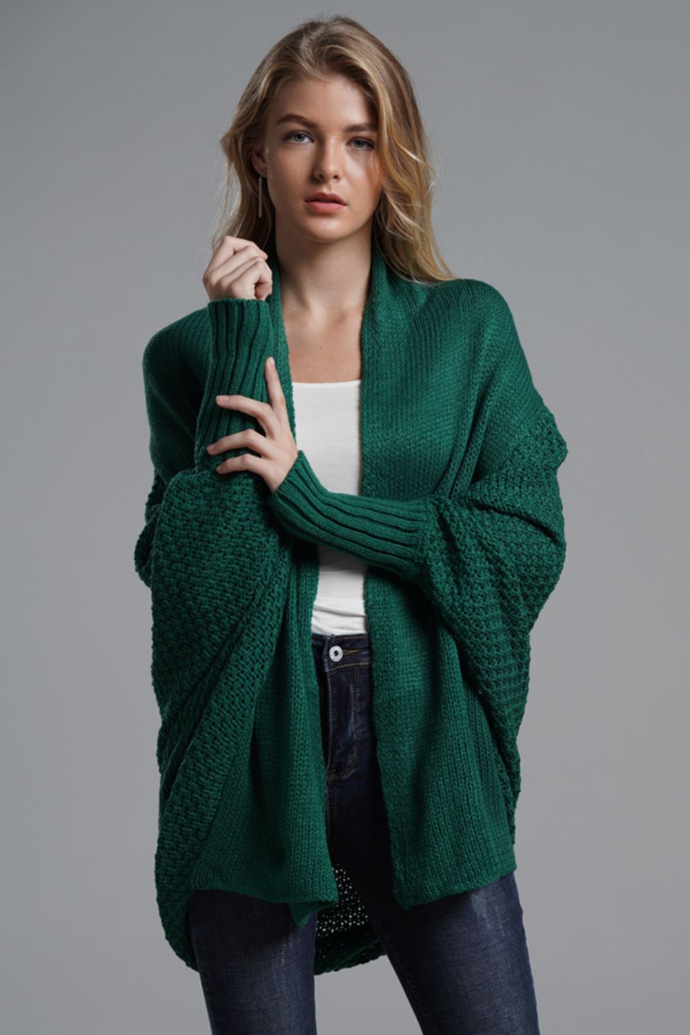 Dolman Sleeve Open Front Ribbed Trim Longline Cardigan - Green / One Size - Women’s Clothing & Accessories - Shirts &