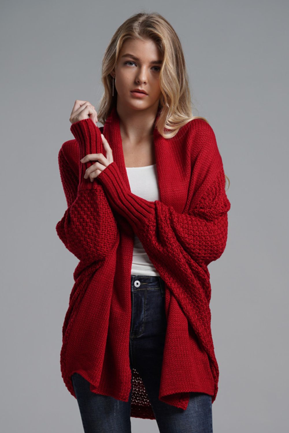 Dolman Sleeve Open Front Ribbed Trim Longline Cardigan - Dark Red / One Size - Women’s Clothing & Accessories