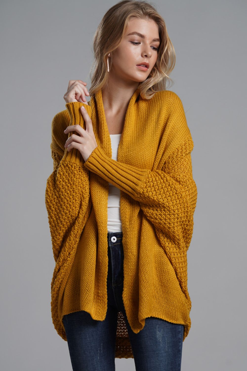 Dolman Sleeve Open Front Ribbed Trim Longline Cardigan - Yellow / One Size - Women’s Clothing & Accessories - Shirts
