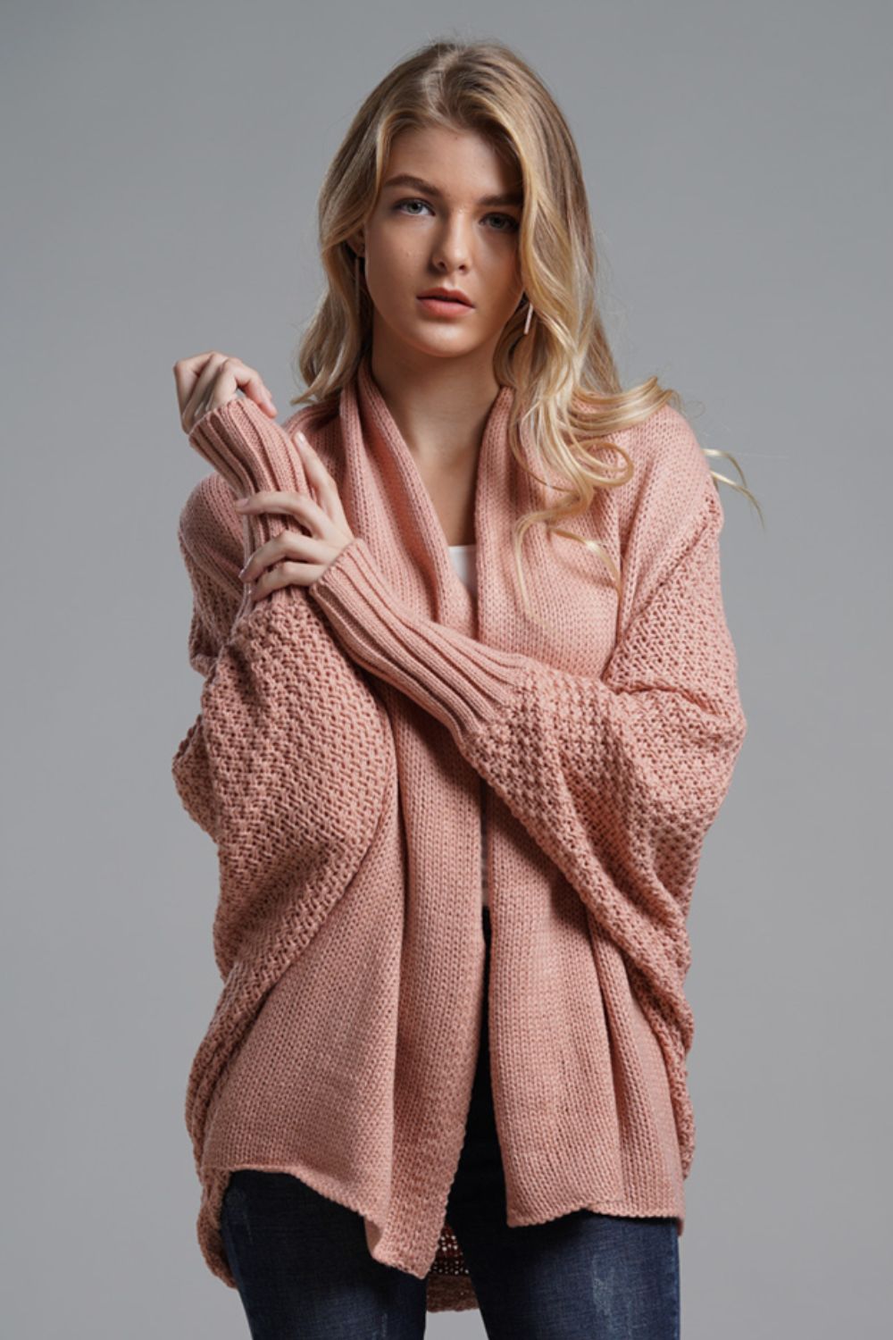 Dolman Sleeve Open Front Ribbed Trim Longline Cardigan - Pink / One Size - Women’s Clothing & Accessories - Shirts &