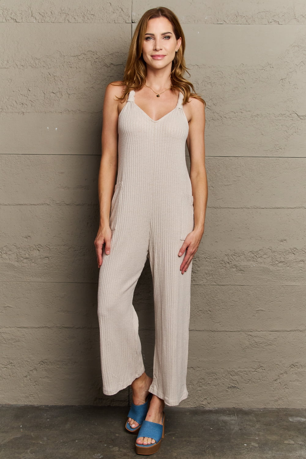 Don’t Get It Twisted Full Size Rib Knit Jumpsuit - Beige / S - Women’s Clothing & Accessories - Jumpsuits & Rompers